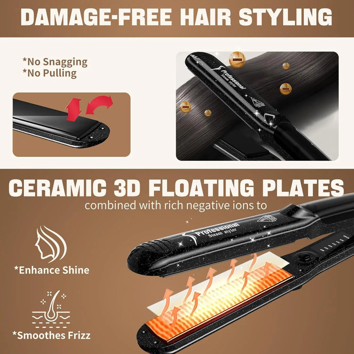 Professional Steam Straightener 2 in 1 Ceramic Tourmaline Flat Iron The Mane Beauty